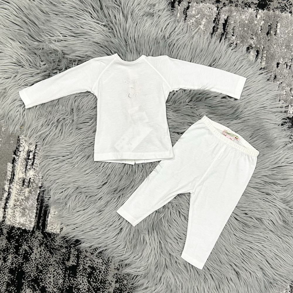 BONPOINT Baby Cotton Top And Pant‎ Set Silver Print "Born In 2017" 3 Month NEW